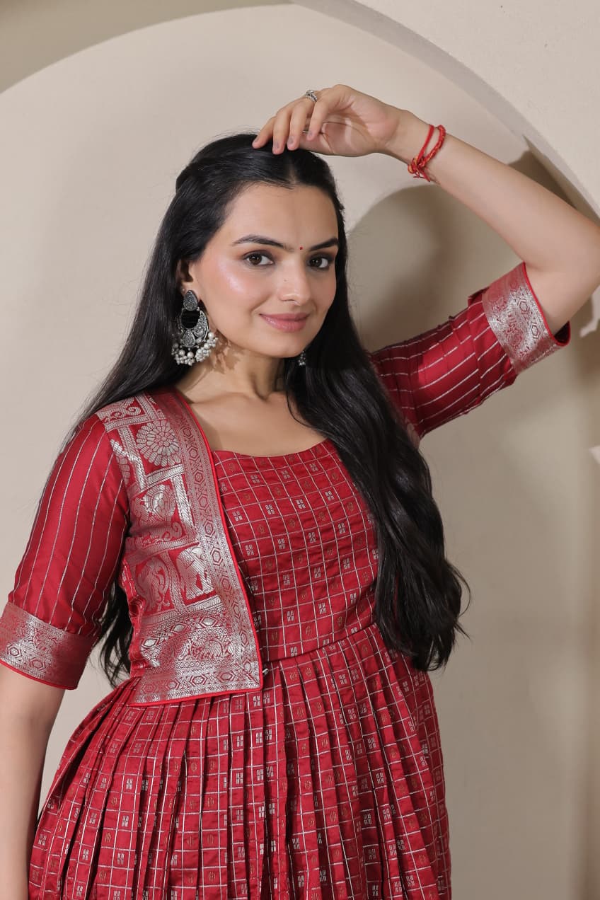 Red Pure Soft Silk Blend Weaving Anarkali Gown