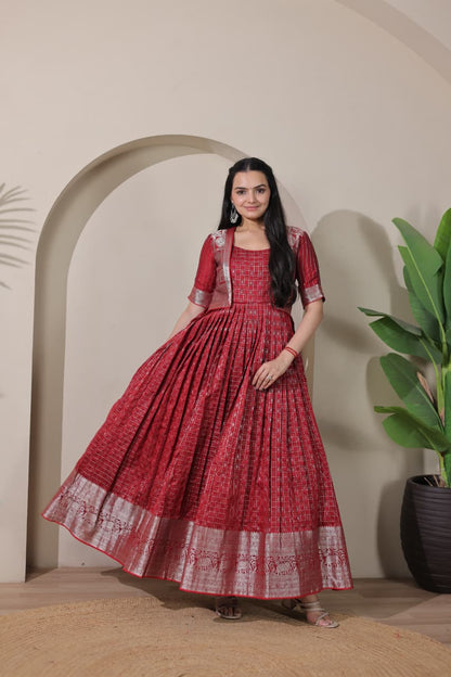 Red Pure Soft Silk Blend Weaving Anarkali Gown Anarkali Gown Anant Tex Exports Pvt.Ltd..