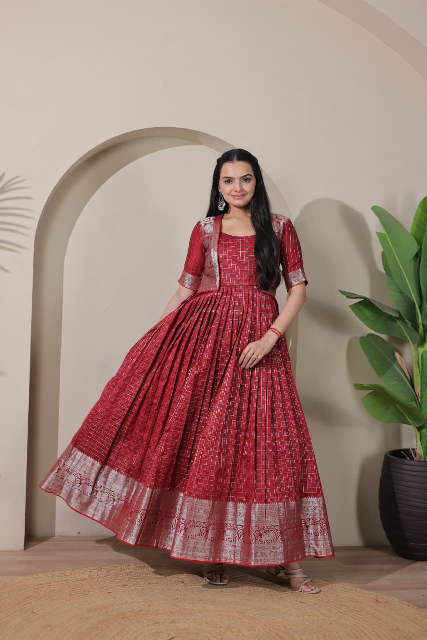 Red Pure Soft Silk Blend Weaving Anarkali Gown