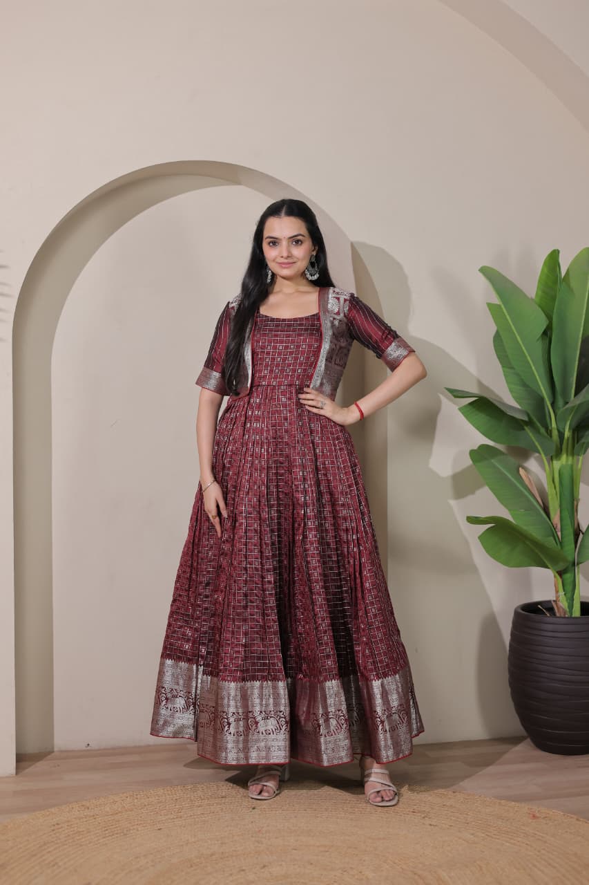 Brown Pure Soft Silk Blend Weaving Anarkali Gown