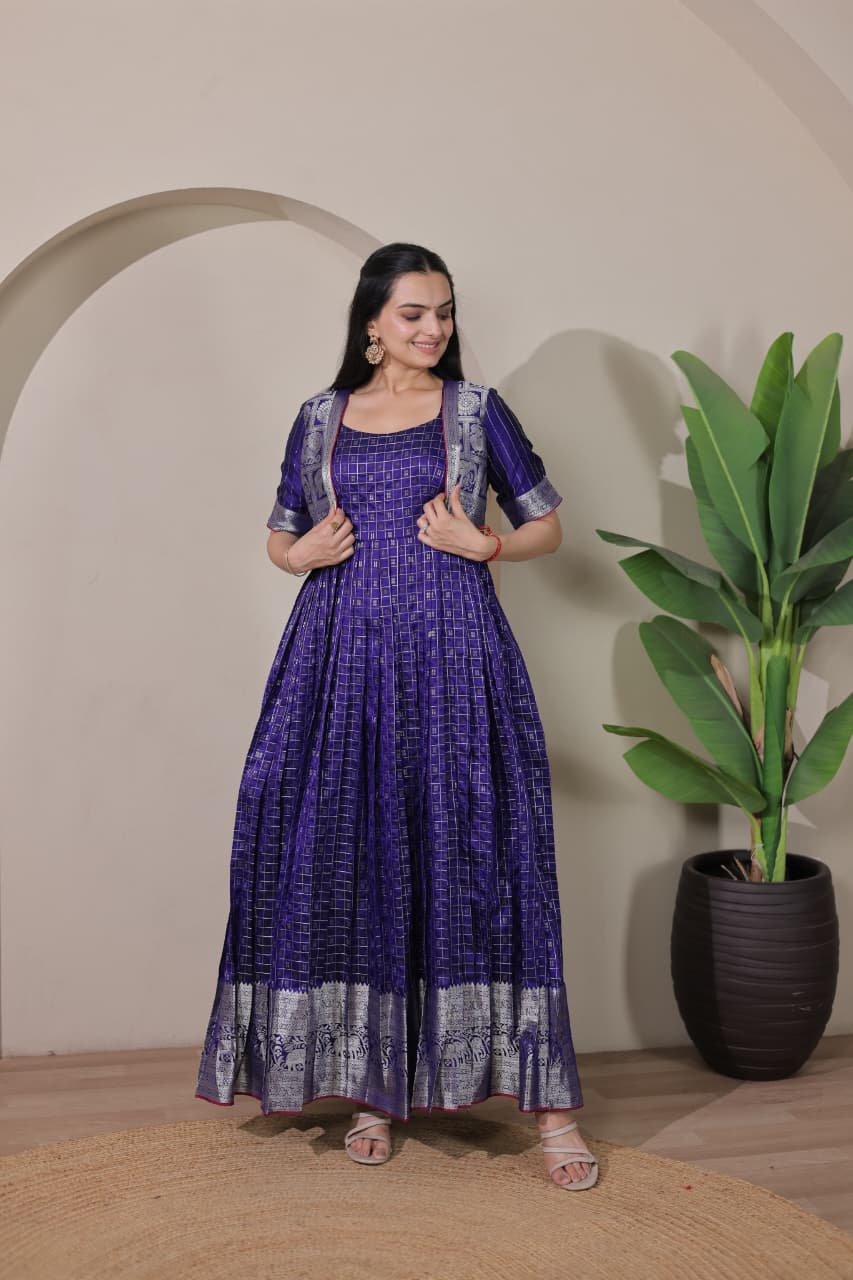 Blue Pure Soft Silk Blend Weaving Anarkali Gown Anarkali Gown Anant Tex Exports Pvt.Ltd..
