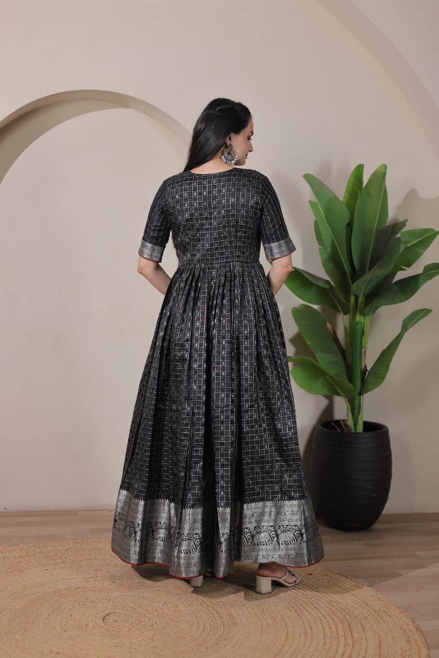 Black Pure Soft Silk Blend Weaving Anarkali Gown