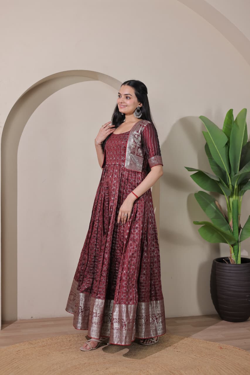 Brown Pure Soft Silk Blend Weaving Anarkali Gown