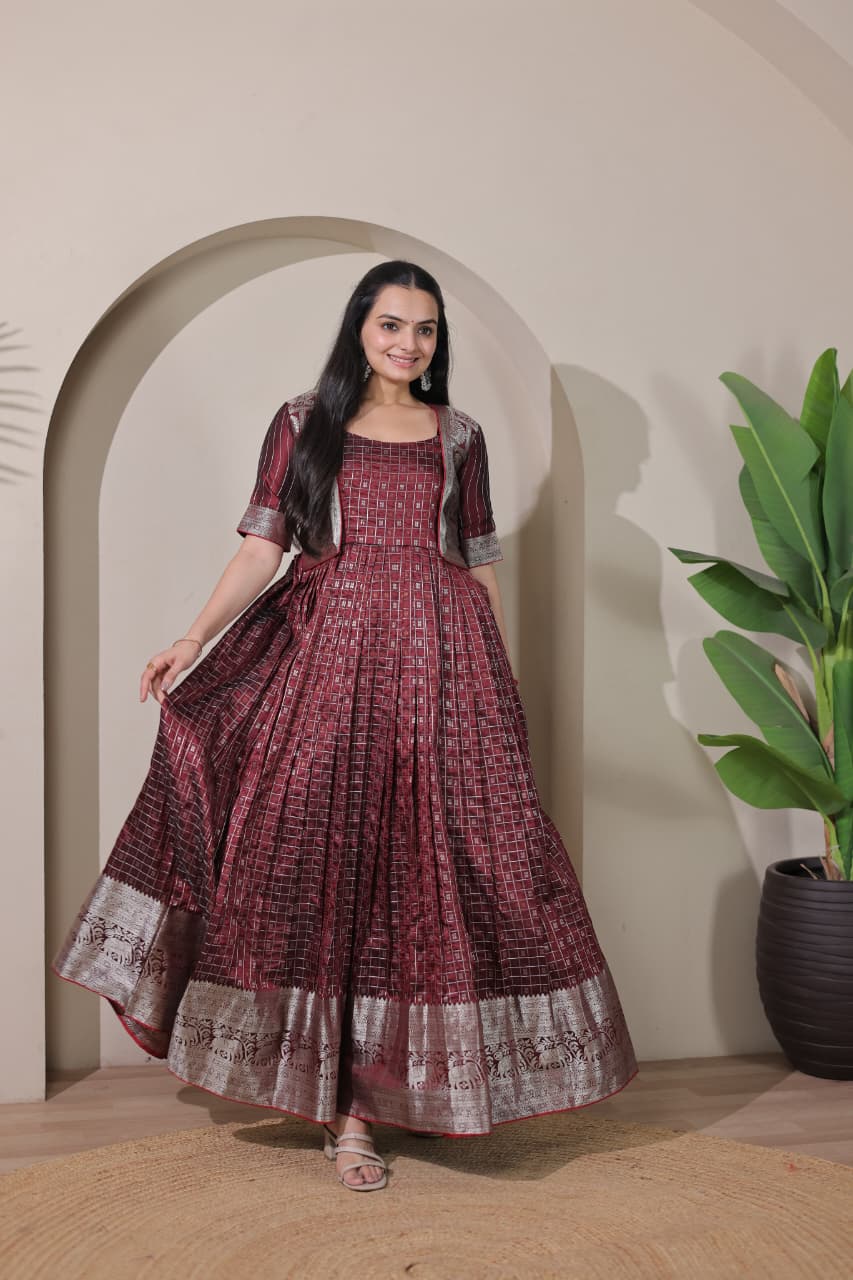 Brown Pure Soft Silk Blend Weaving Anarkali Gown