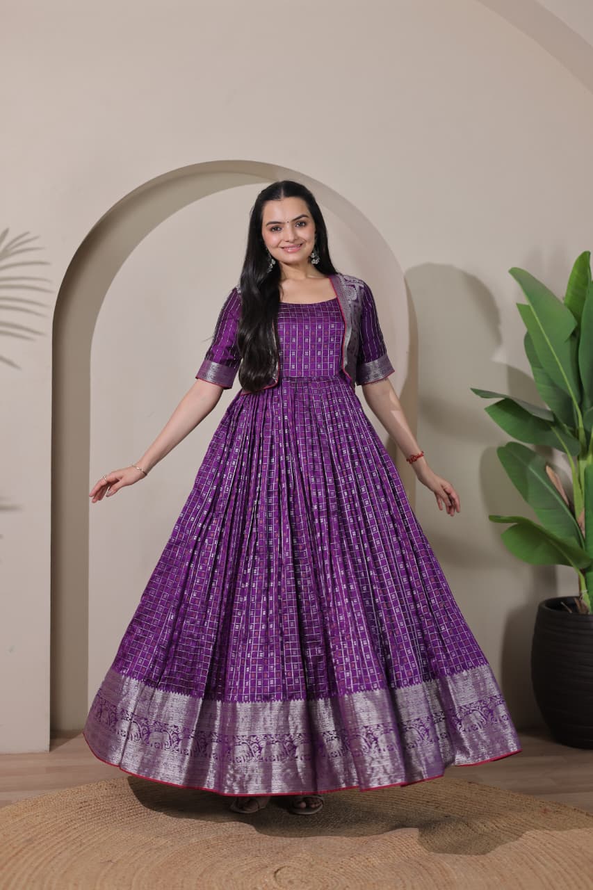 Purple Pure Soft Silk Blend Weaving Anarkali Gown Anarkali Gown Anant Tex Exports Pvt.Ltd..