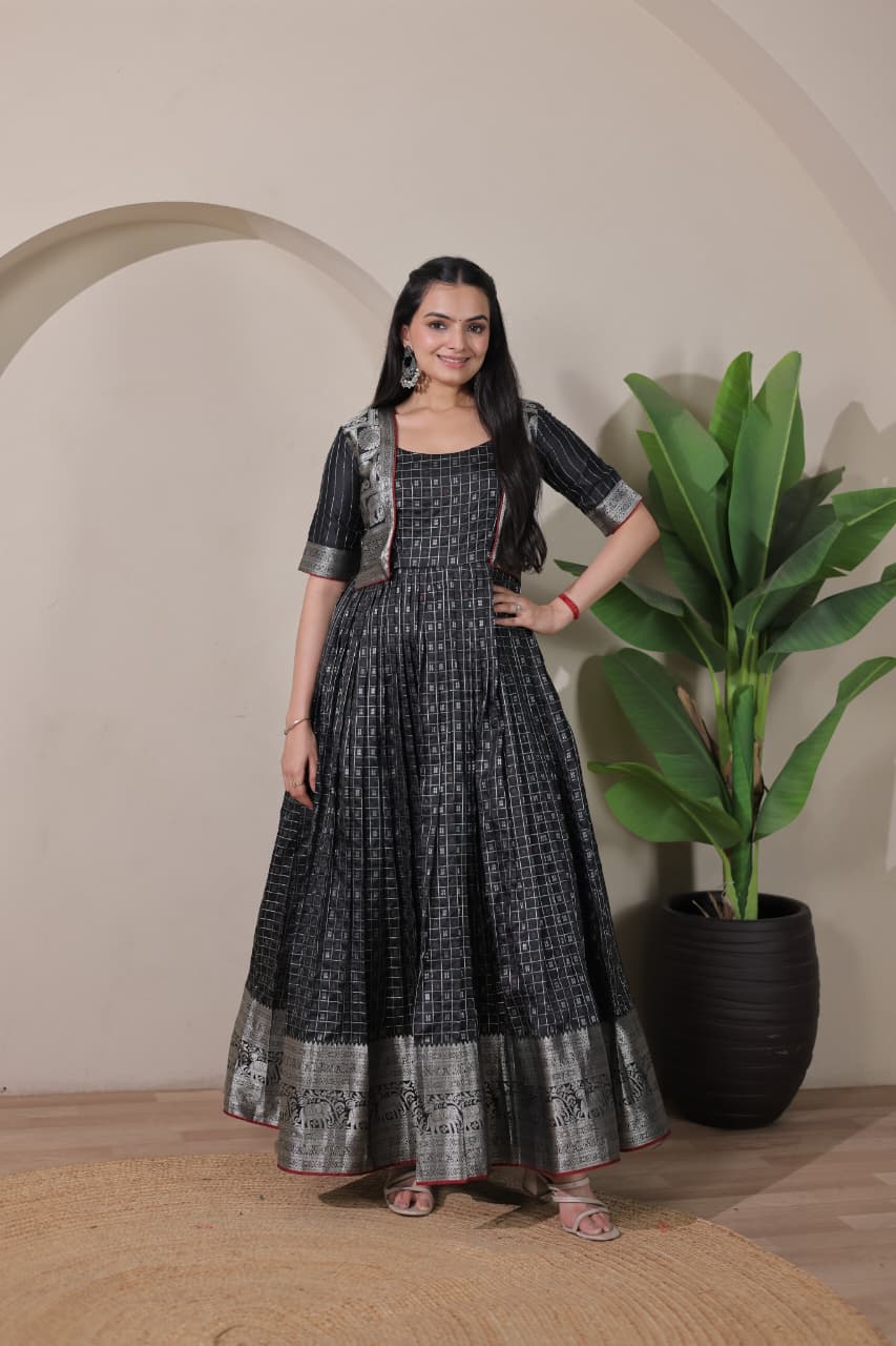 Black Pure Soft Silk Blend Weaving Anarkali Gown