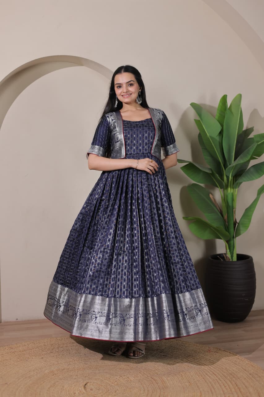 Navy Blue Pure Soft Silk Blend Weaving Anarkali Gown Anarkali Gown Anant Tex Exports Pvt.Ltd..