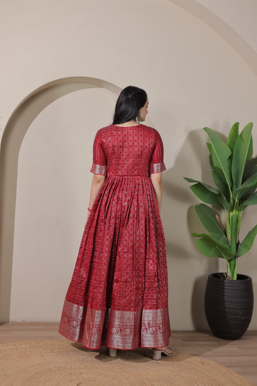 Red Pure Soft Silk Blend Weaving Anarkali Gown