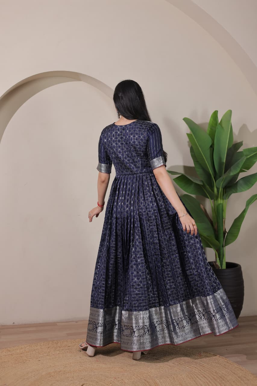 Navy Blue Pure Soft Silk Blend Weaving Anarkali Gown