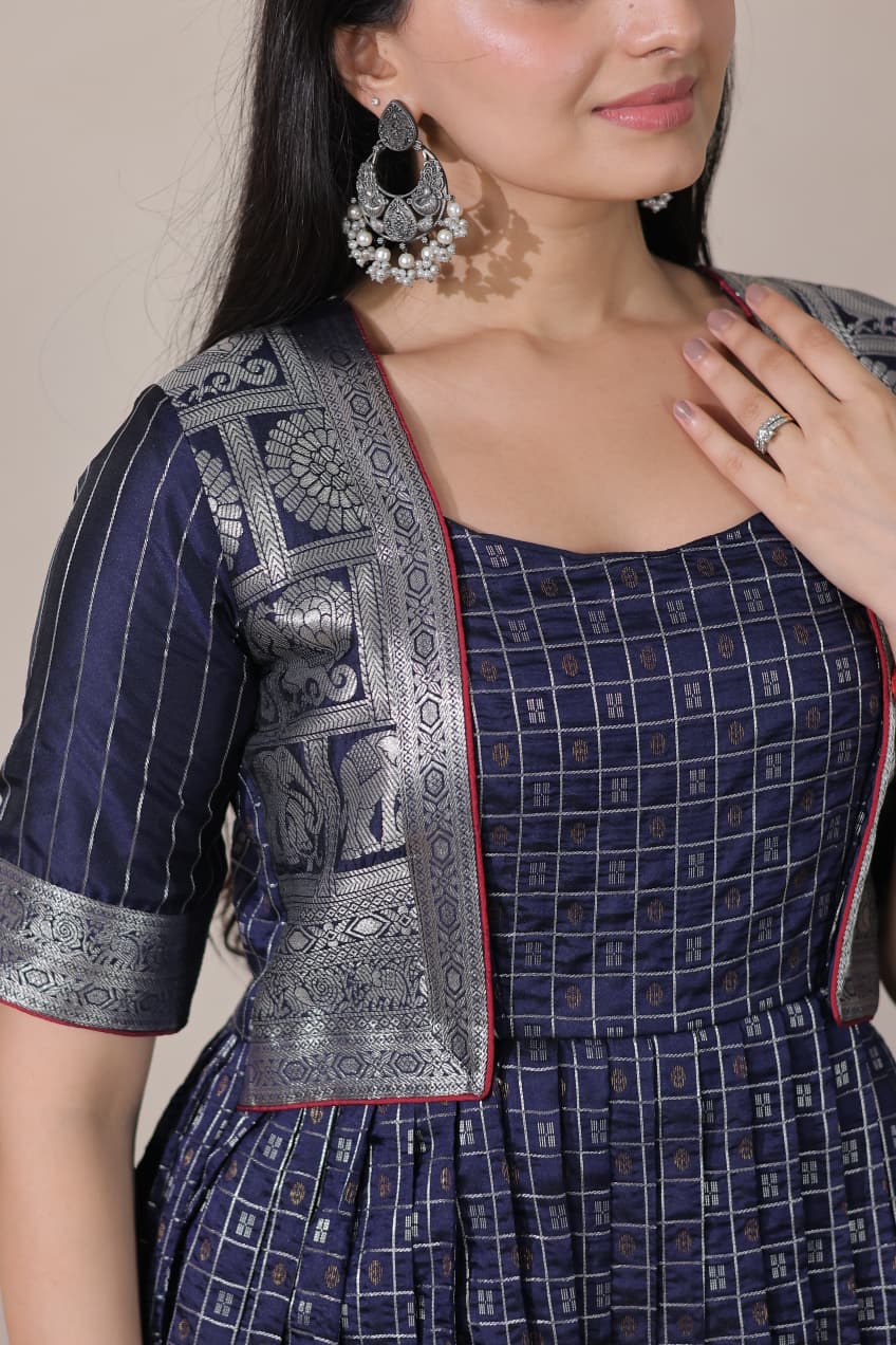 Navy Blue Pure Soft Silk Blend Weaving Anarkali Gown