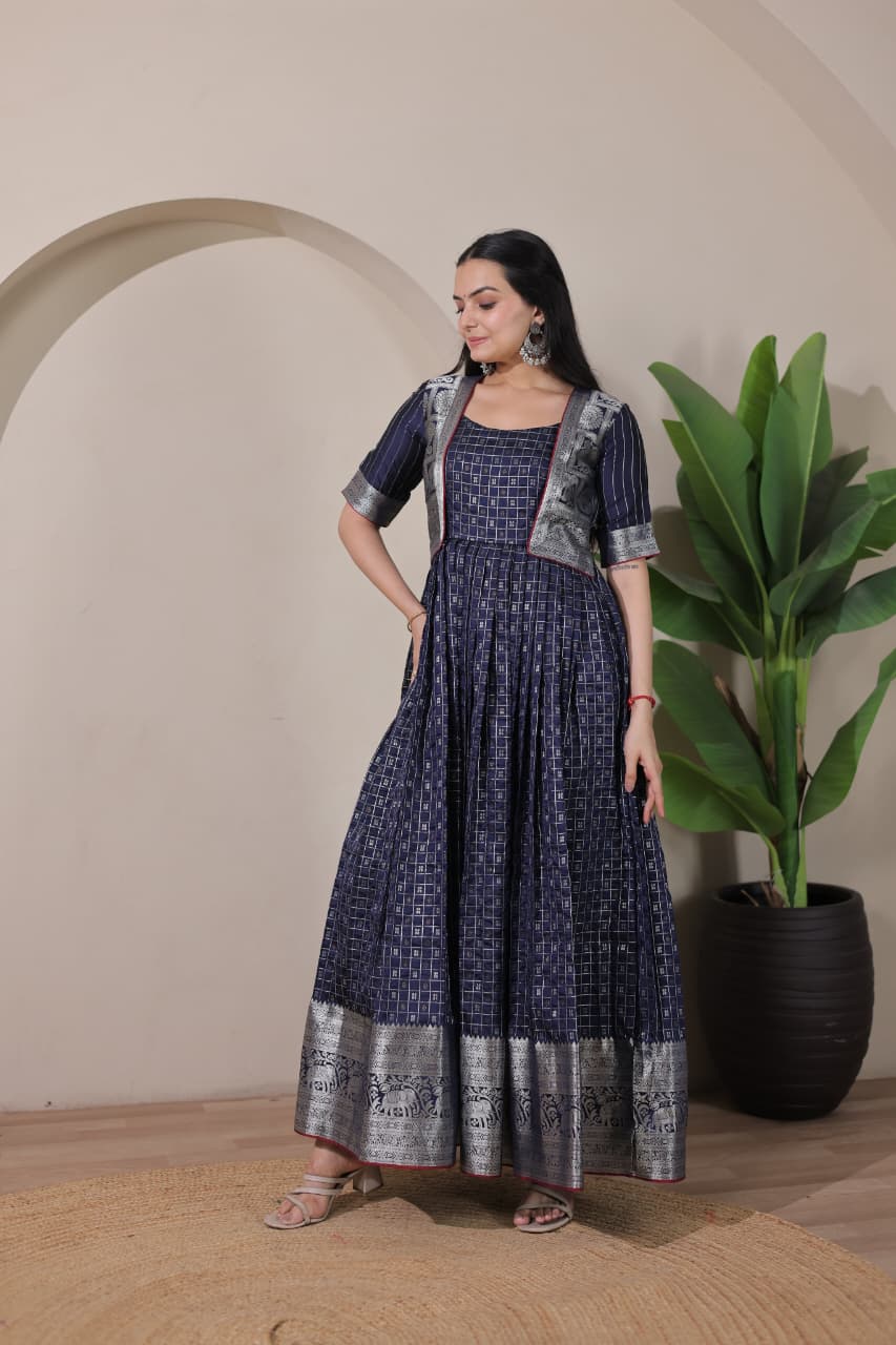 Navy Blue Pure Soft Silk Blend Weaving Anarkali Gown