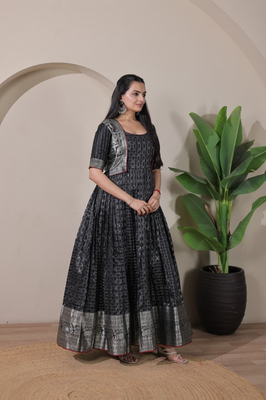 Black Pure Soft Silk Blend Weaving Anarkali Gown
