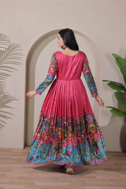 Pink Pure Soft Silk Blend Kalamkari Anarkali Gown Anarkali Gown Anant Tex Exports Pvt.Ltd..
