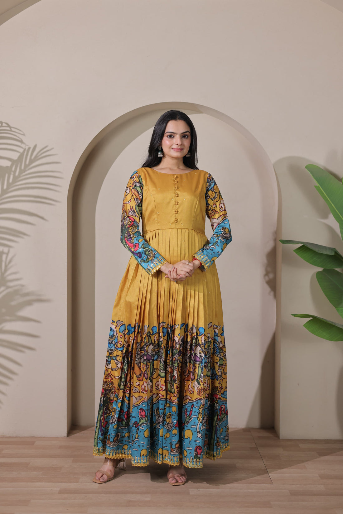 Yellow Pure Soft Silk Blend Kalamkari Anarkali Gown Anarkali Gown Anant Tex Exports Pvt.Ltd..