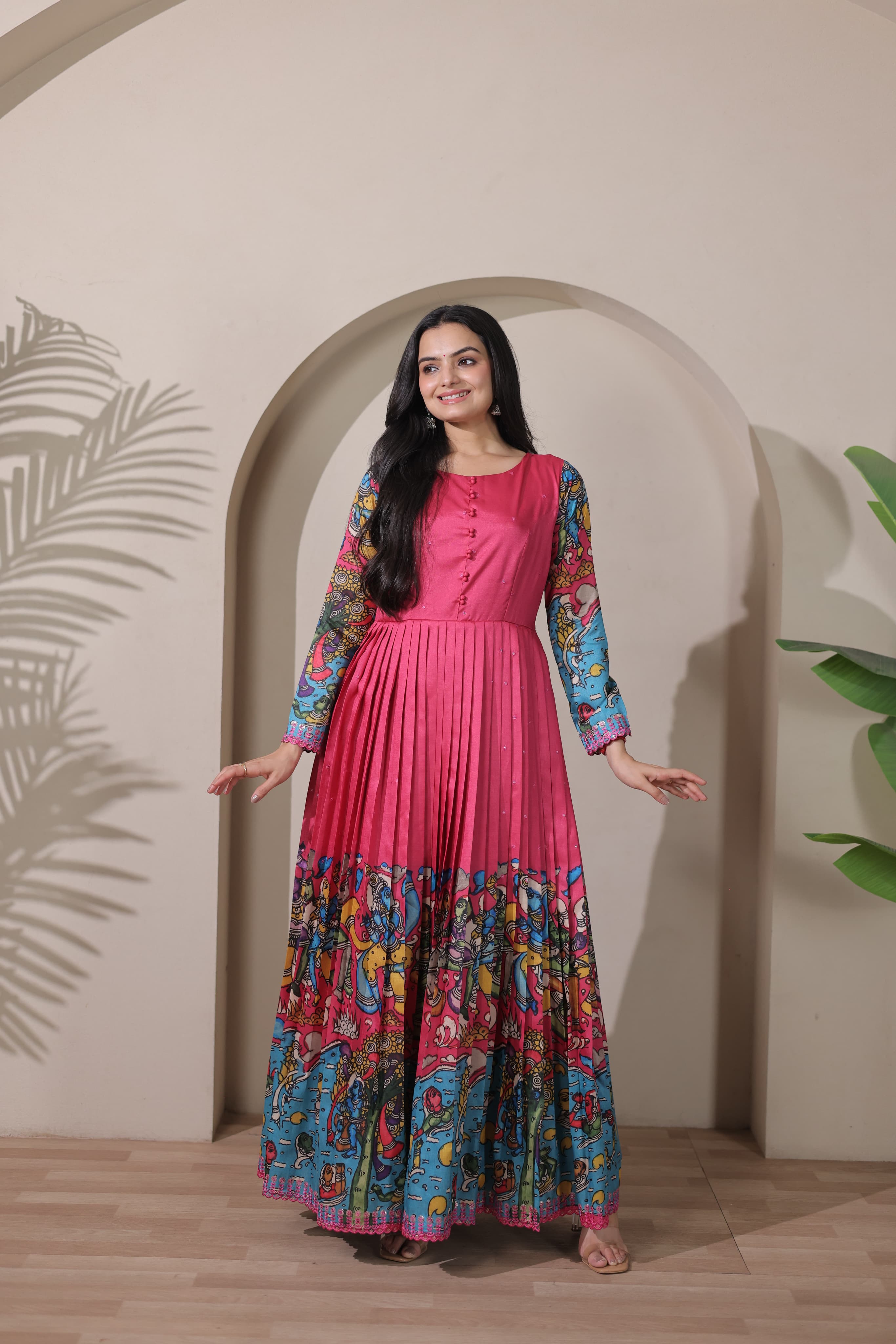 Pink Pure Soft Silk Blend Kalamkari Anarkali Gown Anarkali Gown Anant Tex Exports Pvt.Ltd..