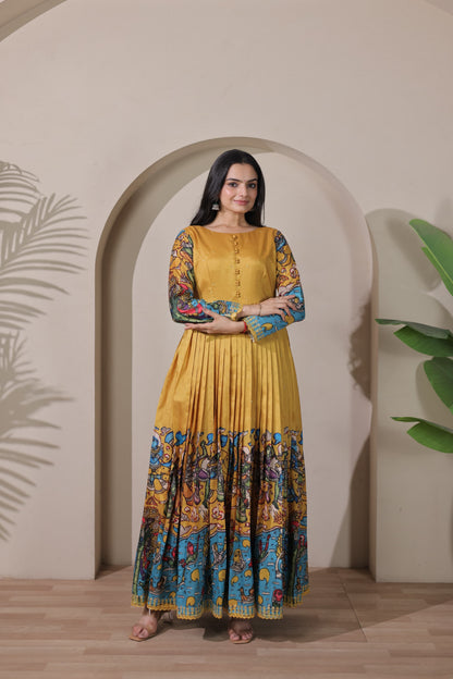 Yellow Pure Soft Silk Blend Kalamkari Anarkali Gown Anarkali Gown Anant Tex Exports Pvt.Ltd..