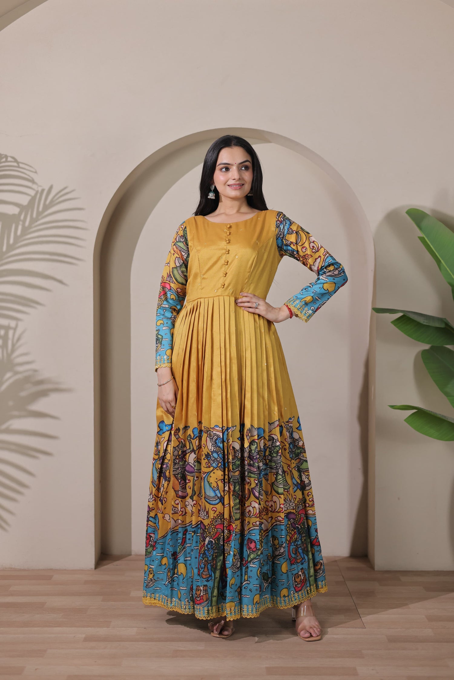 Yellow Pure Soft Silk Blend Kalamkari Anarkali Gown Anarkali Gown Anant Tex Exports Pvt.Ltd..