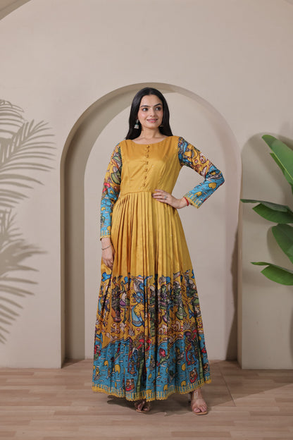 Yellow Pure Soft Silk Blend Kalamkari Anarkali Gown Anarkali Gown Anant Tex Exports Pvt.Ltd..