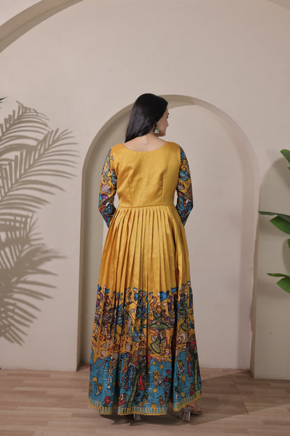 Yellow Pure Soft Silk Blend Kalamkari Anarkali Gown Anarkali Gown Anant Tex Exports Pvt.Ltd..