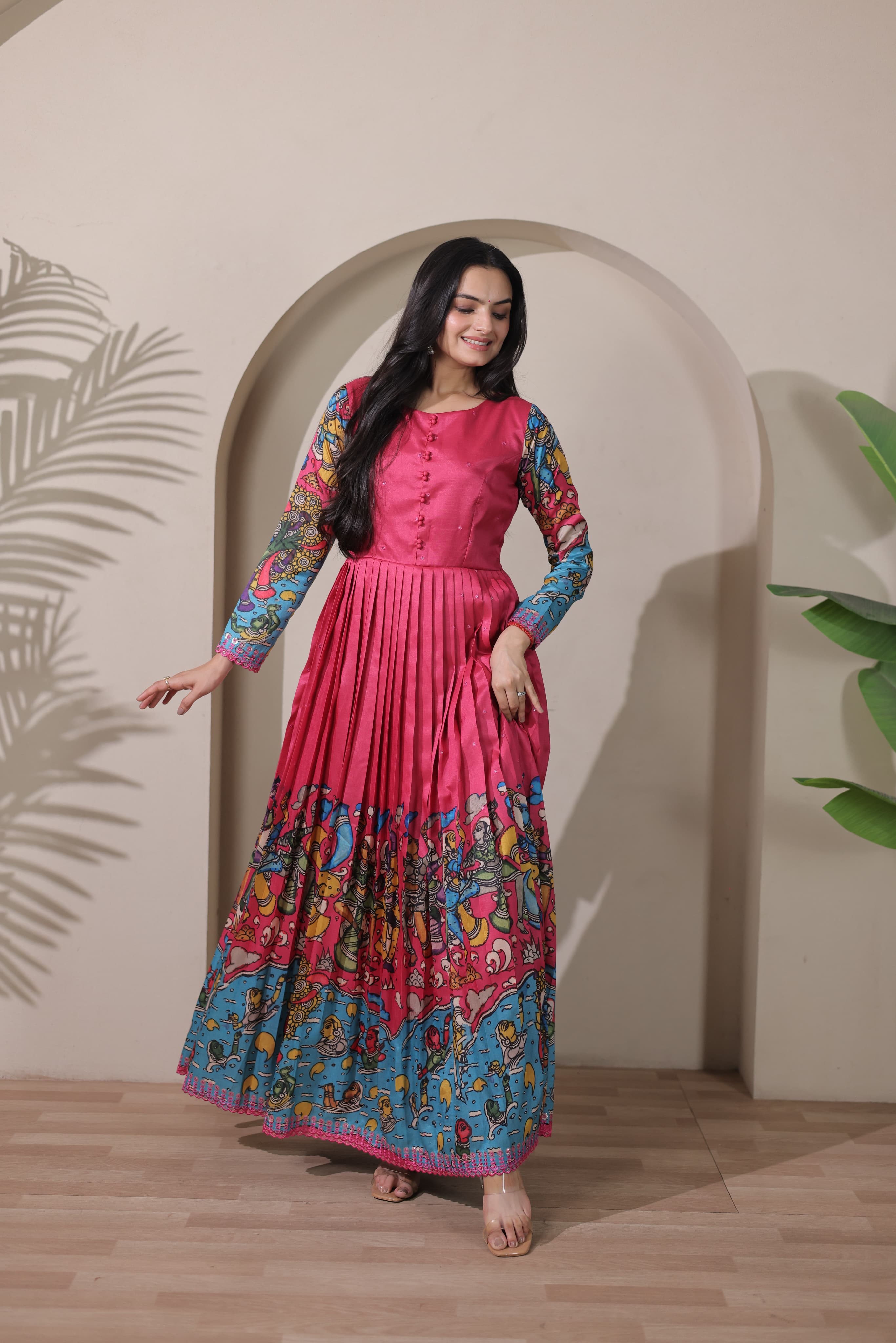 Pink Pure Soft Silk Blend Kalamkari Anarkali Gown