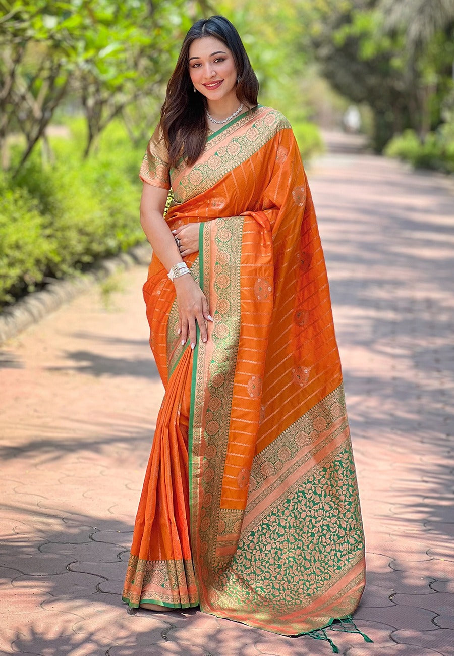 Orange Soft Silk Contrast Zari Banarasi Saree Soft Silk Saree Anant Tex Exports Pvt.Ltd..