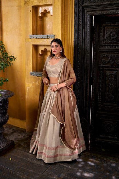 Cream Pure Soft Dupion Paithani Silk South Indian Lehenga Saree Half Lehenga Saree Anant Tex Exports Pvt.Ltd..