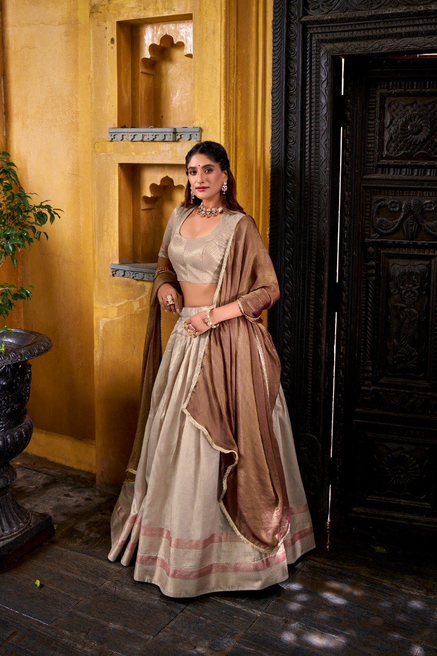 Cream Pure Soft Dupion Paithani Silk South Indian Lehenga Saree