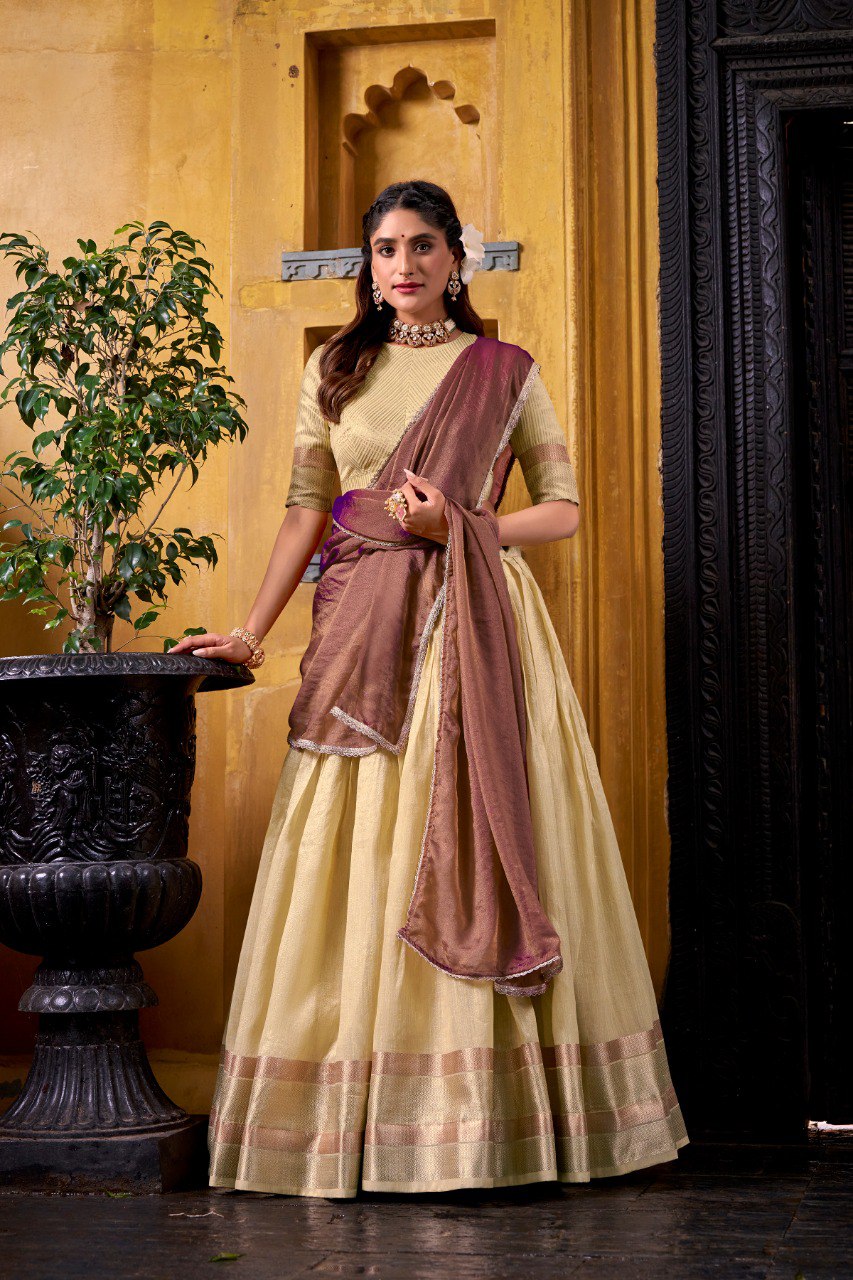 Yellow Pure Soft Dupion Paithani Silk South Indian Lehenga Saree