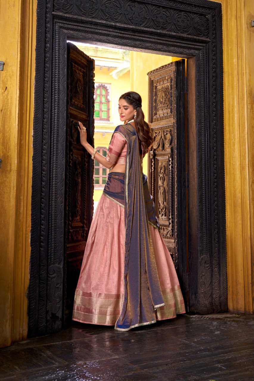 Light Pink Pure Soft Dupion Paithani Silk South Indian Lehenga Saree Half Lehenga Saree Anant Tex Exports Pvt.Ltd..