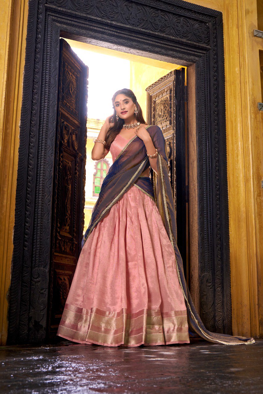 Light Pink Pure Soft Dupion Paithani Silk South Indian Lehenga Saree Half Lehenga Saree Anant Tex Exports Pvt.Ltd..