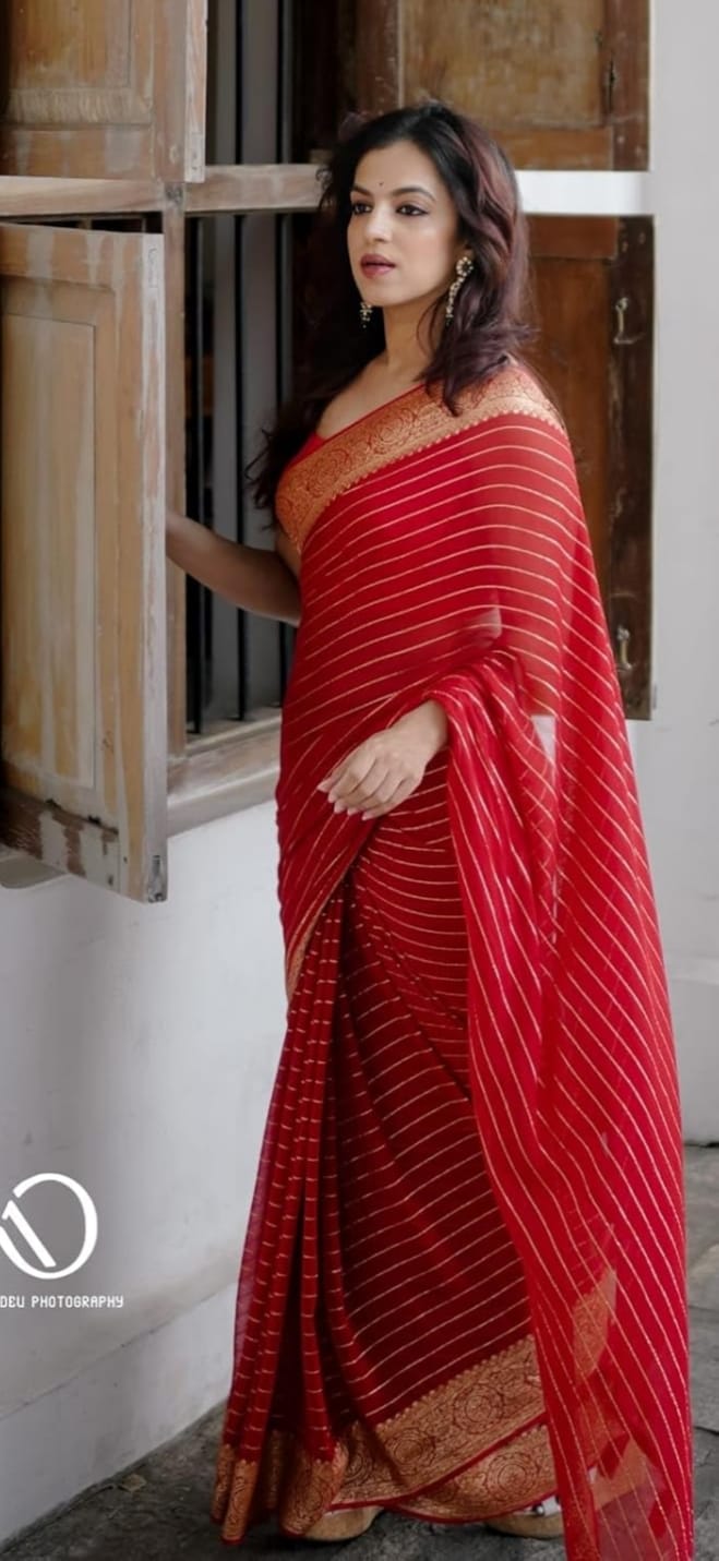 Red Pure Soft Heavy Faux Georgatte Saree