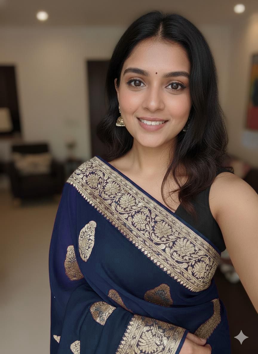 Blue Pure Soft Heavy Faux Georgatte Saree