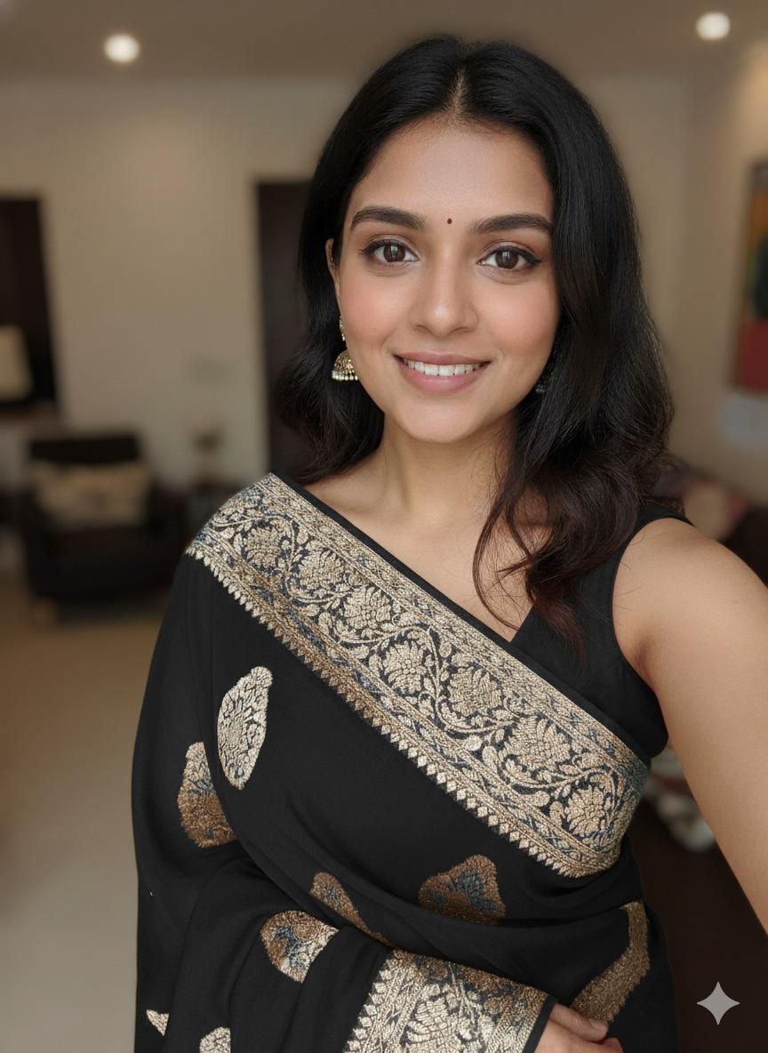 Black Pure Soft Heavy Faux Georgatte Saree