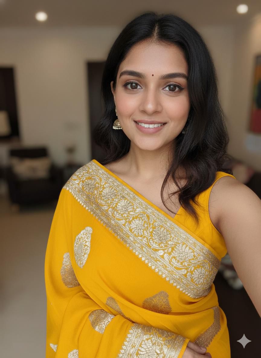 Yellow Pure Soft Heavy Faux Georgatte Saree