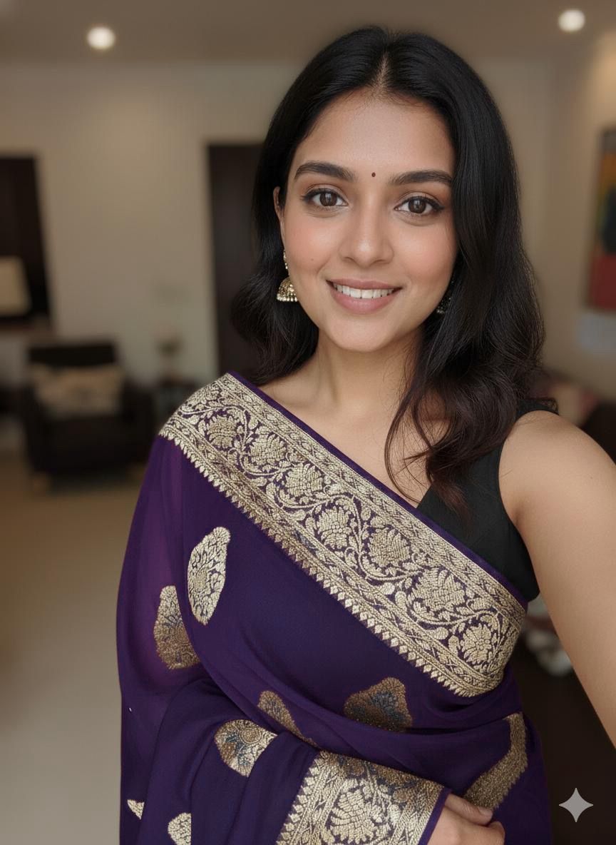 Purple Pure Soft Heavy Faux Georgatte Saree