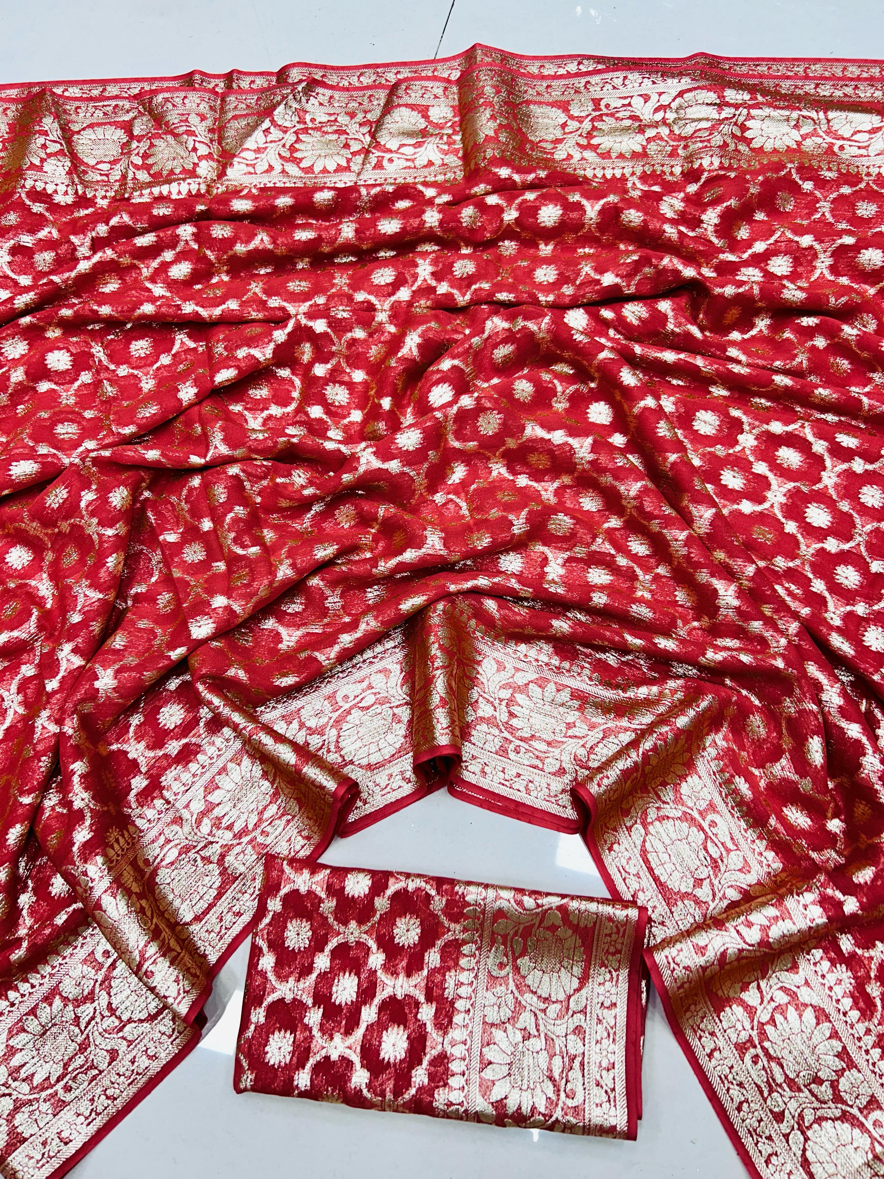 Red Pure Soft Heavy Viscose Georgatte Saree