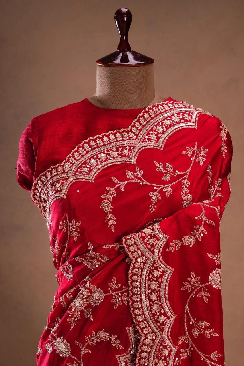 Red Pure Soft Tabby Organza Silk Heavy Embroidery Work Organza Saree Organza Saree Anant Tex Exports Pvt.Ltd..