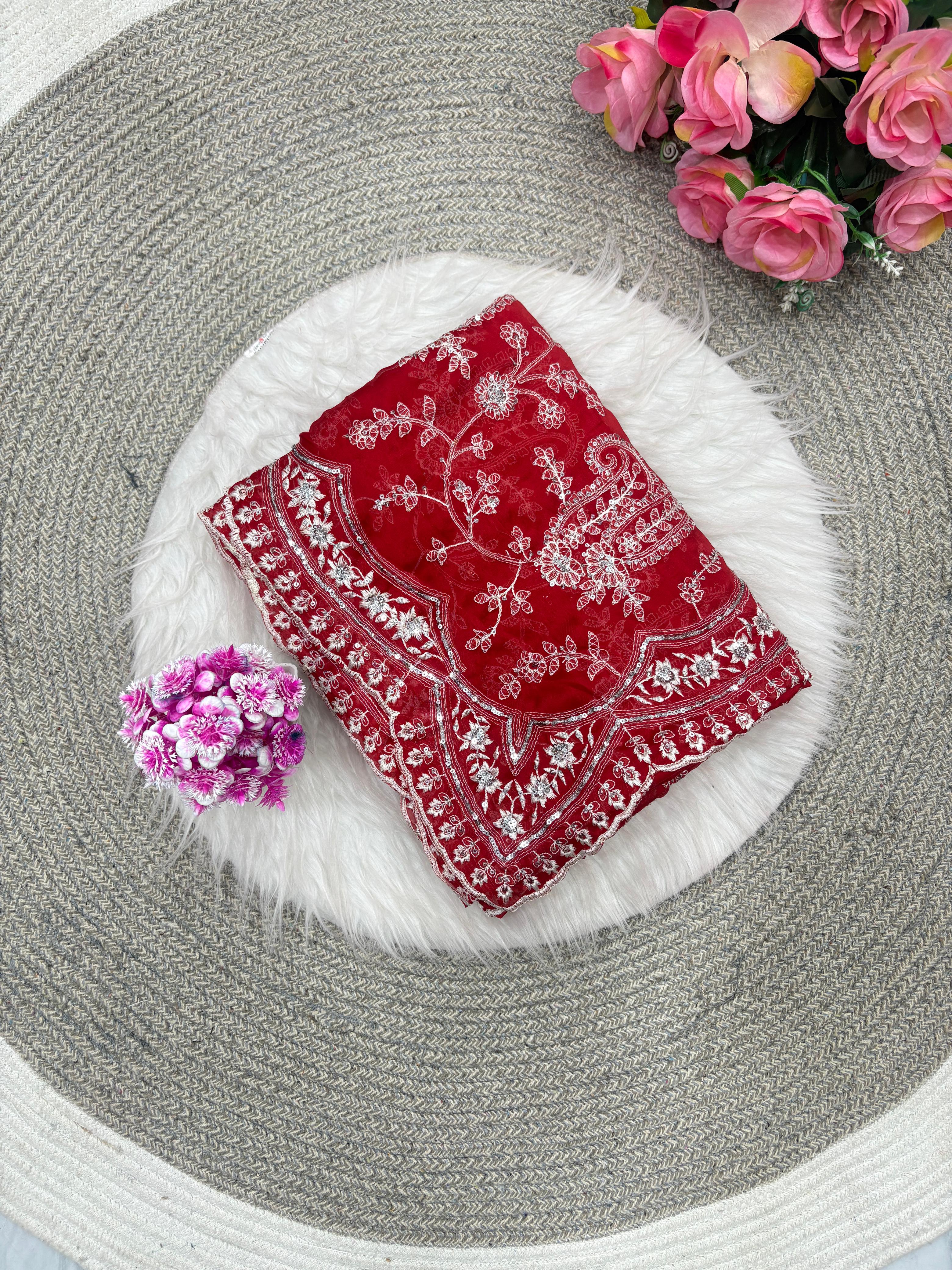 Red Pure Soft Tabby Organza Silk Heavy Embroidery Work Organza Saree