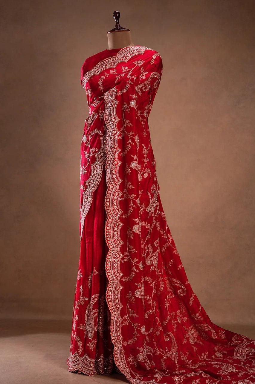 Red Pure Soft Tabby Organza Silk Heavy Embroidery Work Organza Saree Organza Saree Anant Tex Exports Pvt.Ltd..