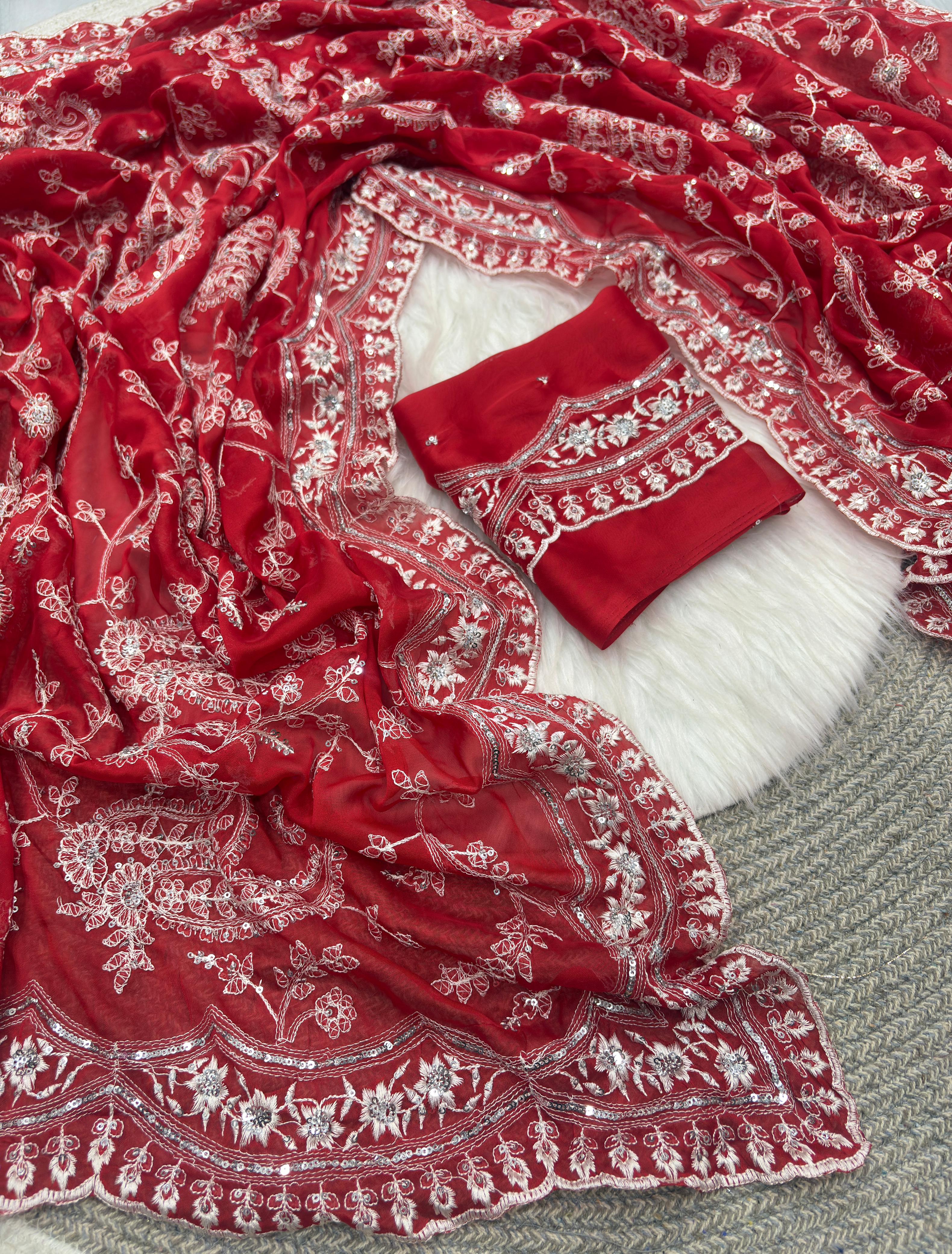 Red Pure Soft Tabby Organza Silk Heavy Embroidery Work Organza Saree