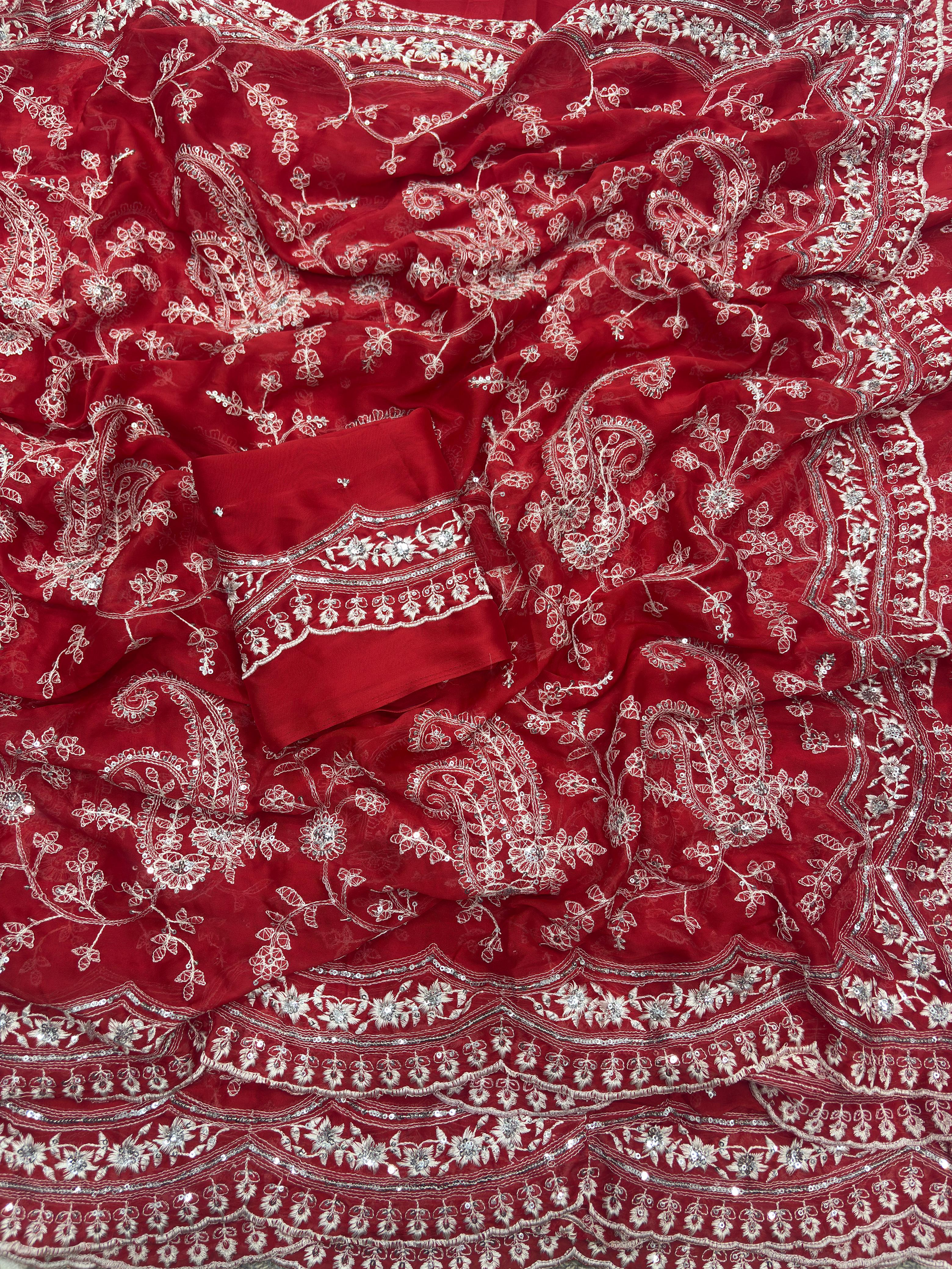 Red Pure Soft Tabby Organza Silk Heavy Embroidery Work Organza Saree