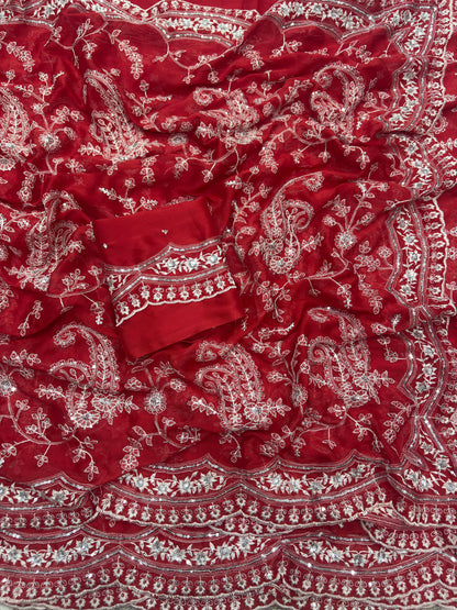 Red Pure Soft Tabby Organza Silk Heavy Embroidery Work Organza Saree Organza Saree Anant Tex Exports Pvt.Ltd..