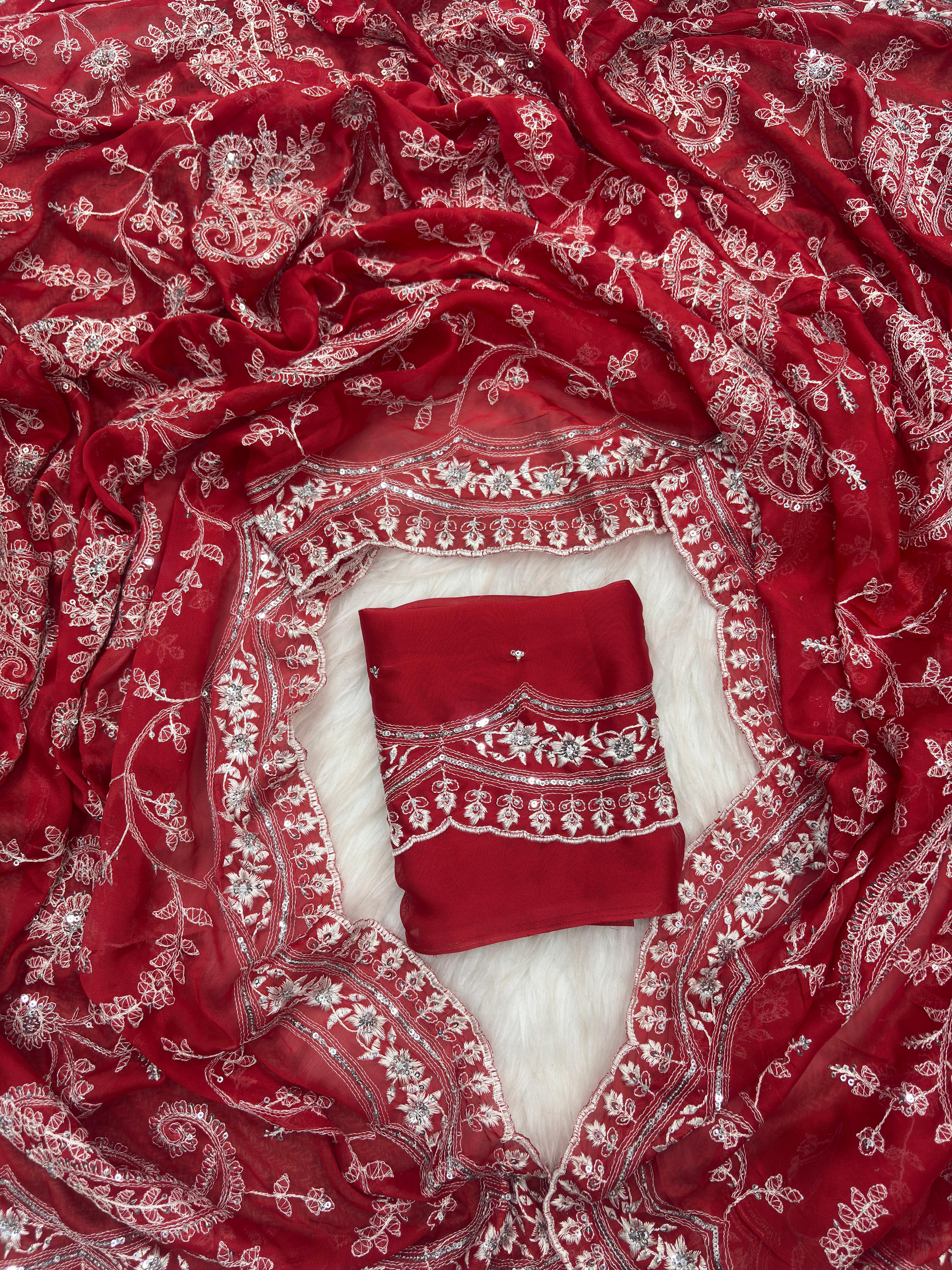 Red Pure Soft Tabby Organza Silk Heavy Embroidery Work Organza Saree