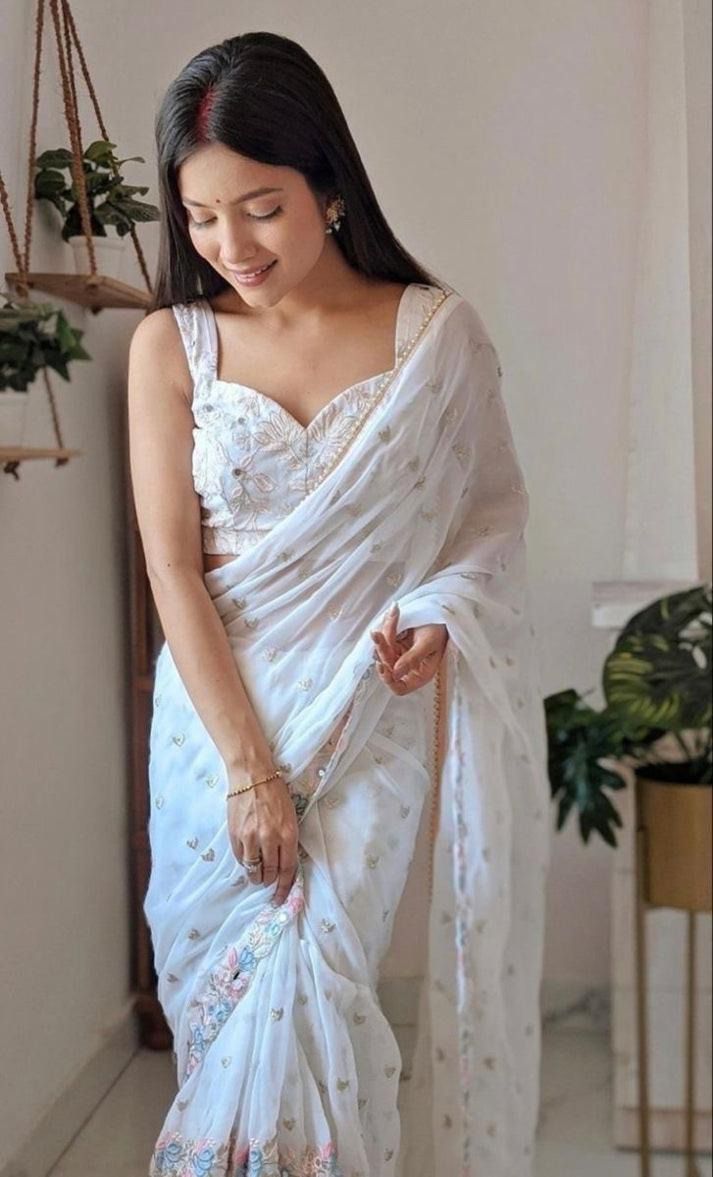 White Pure Soft Heavy Faux Georgatte Saree Georgette Saree Anant Tex Exports Pvt.Ltd..