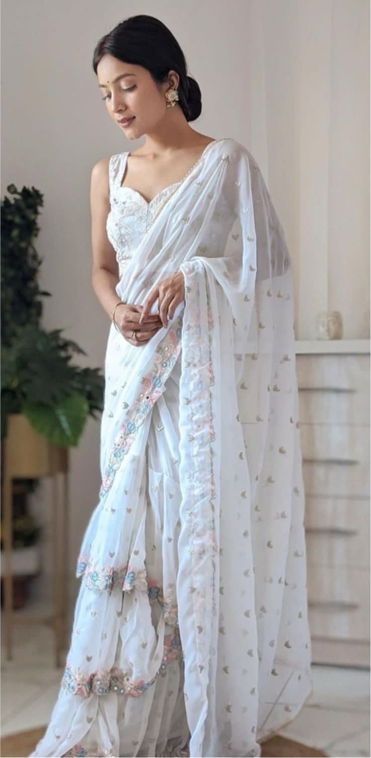 White Pure Soft Heavy Faux Georgatte Saree