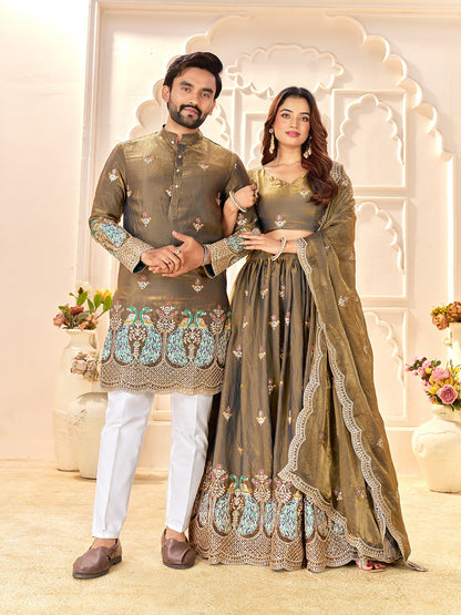 Olive Brown Pure Soft Fendi Silk Matching Combo Couple Dress  Anant Tex Exports Pvt.Ltd..