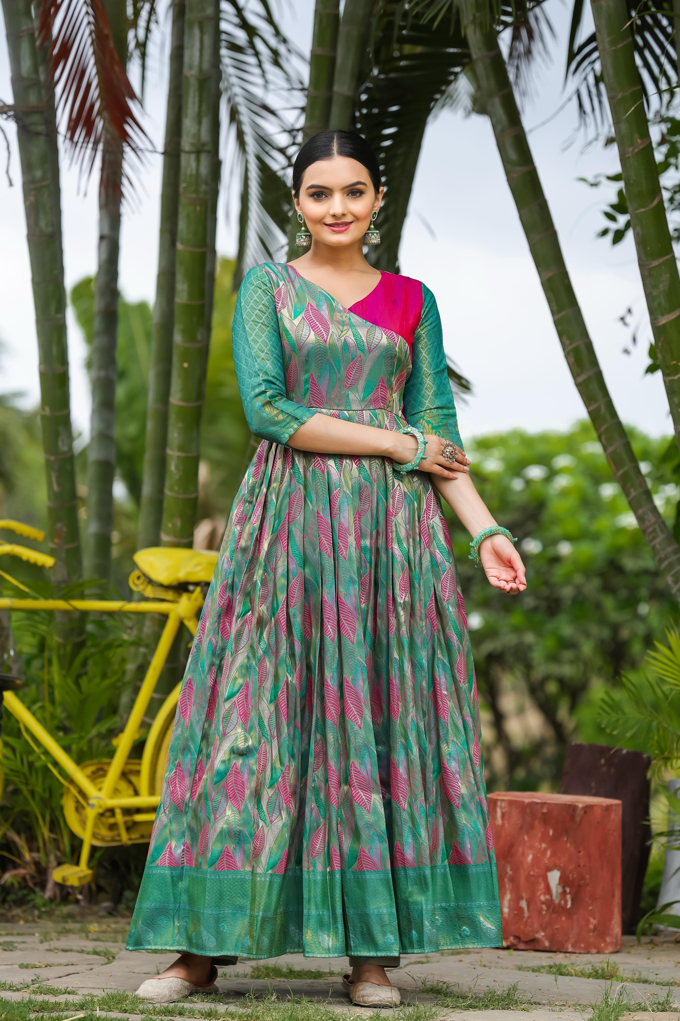 Green Pure Soft Silk Copper Weaving Anarkali Gown