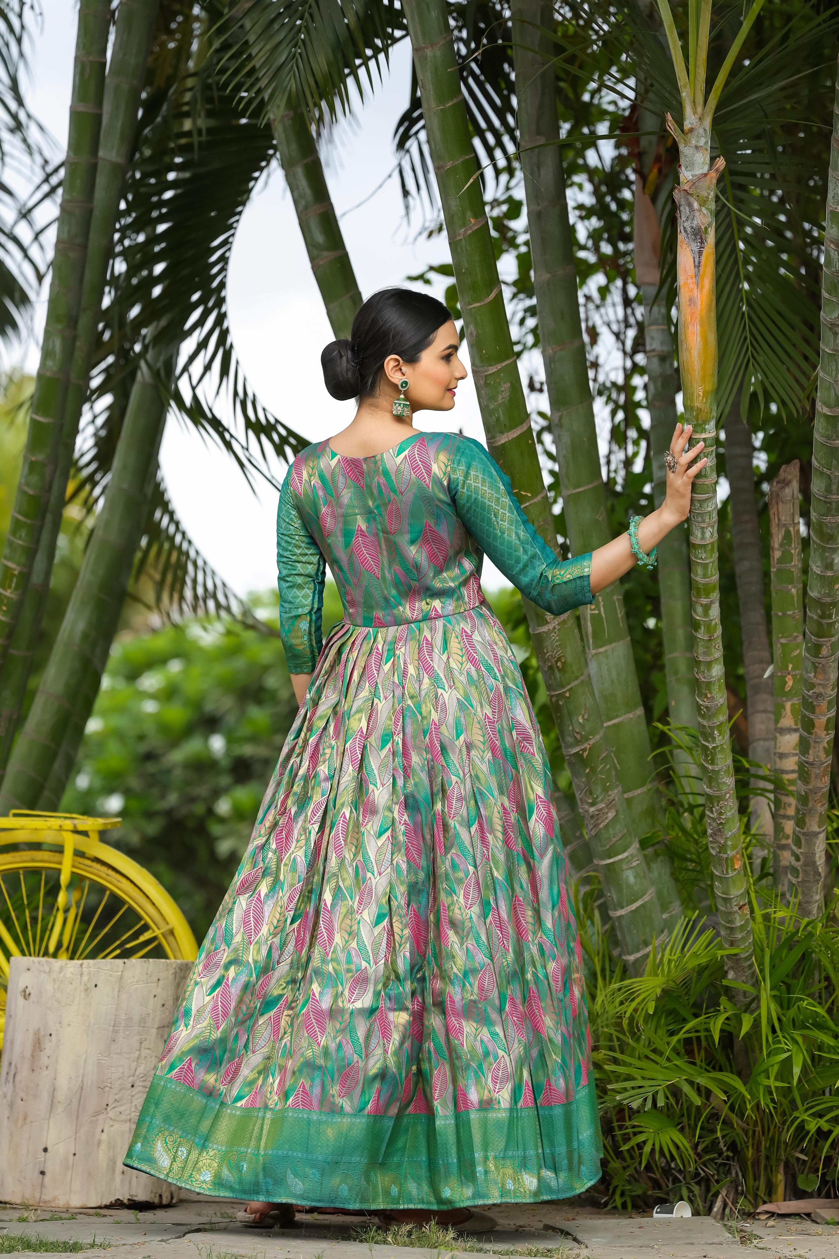 Green Pure Soft Silk Copper Weaving Anarkali Gown