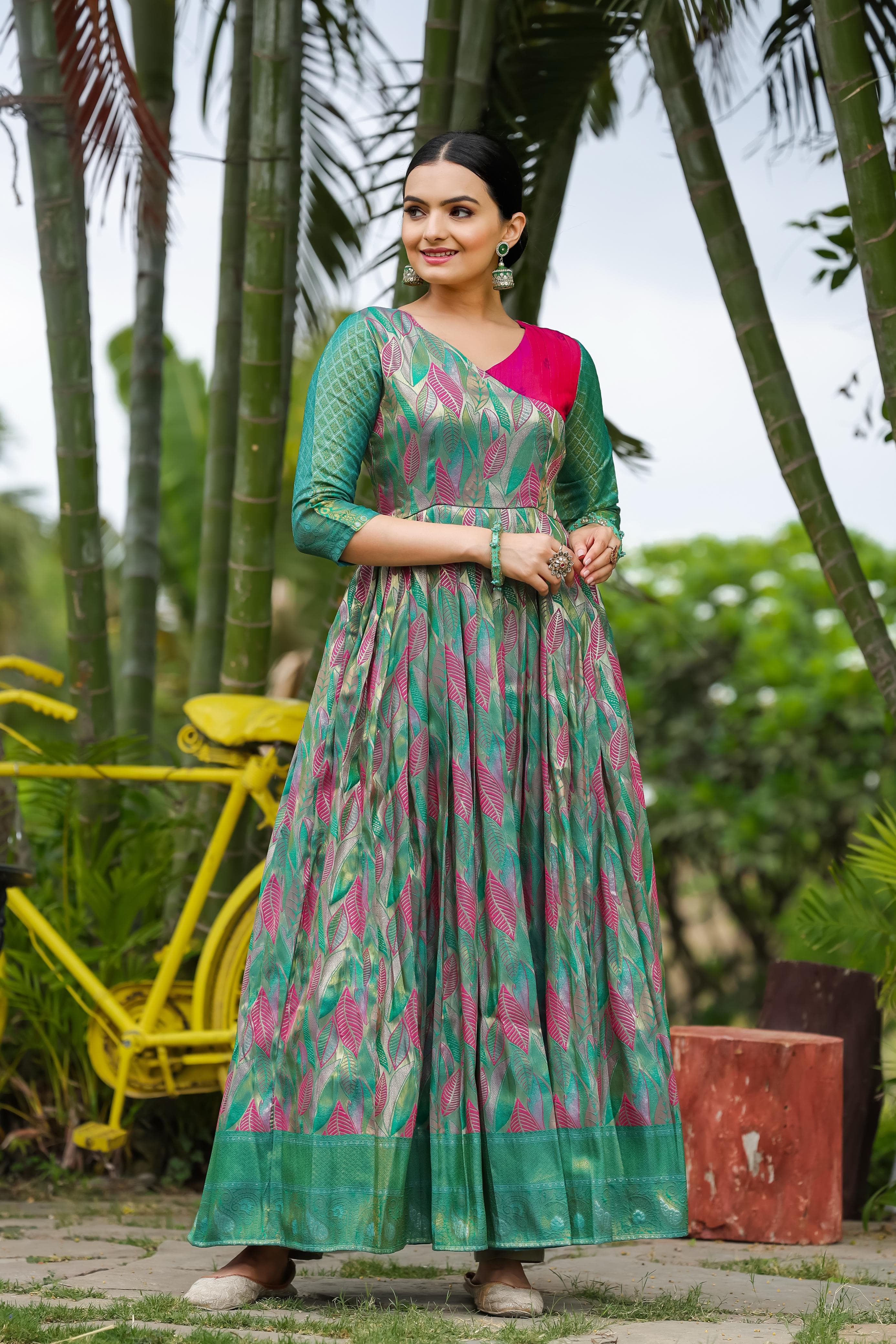 Green Pure Soft Silk Copper Weaving Anarkali Gown