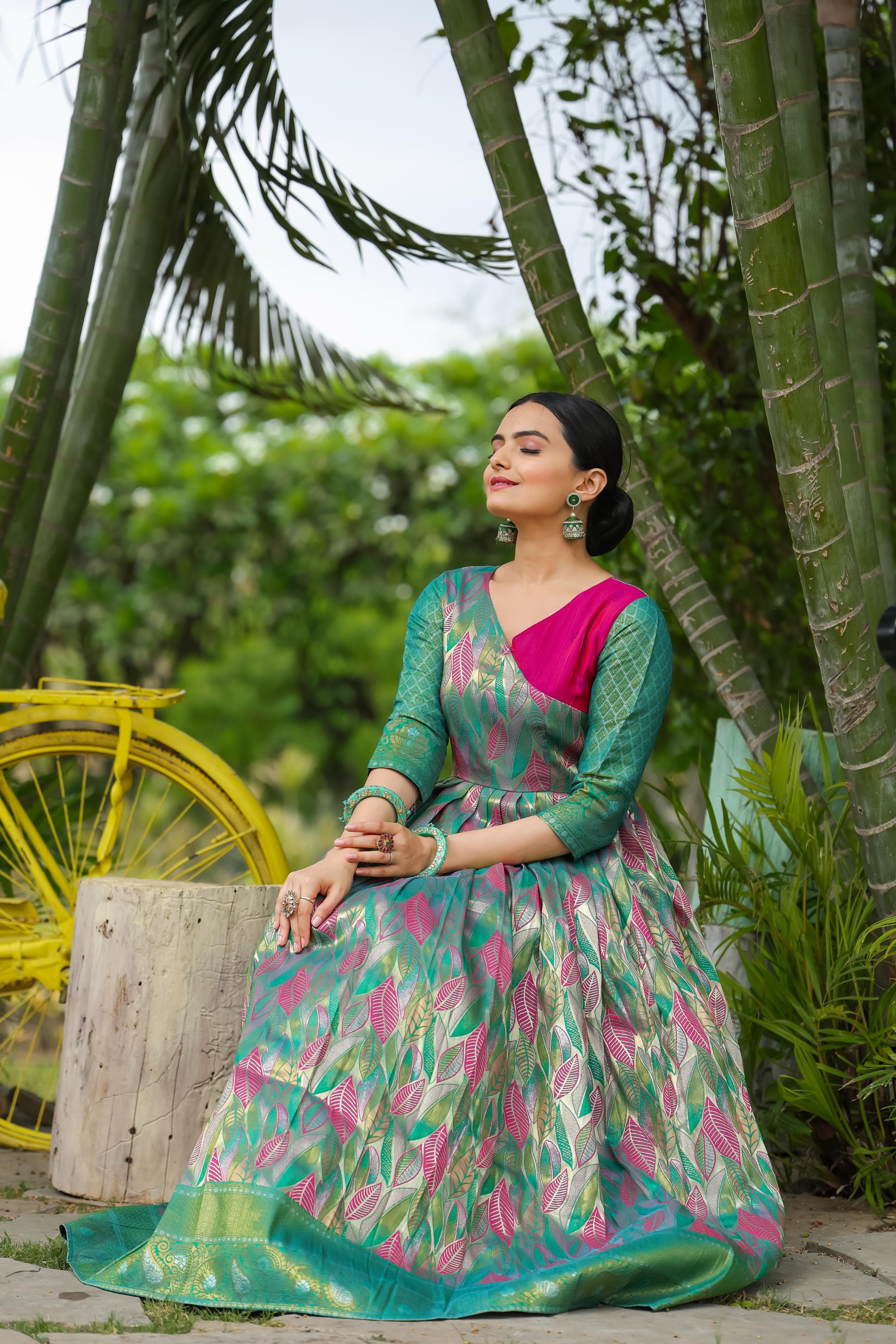 Green Pure Soft Silk Copper Weaving Anarkali Gown